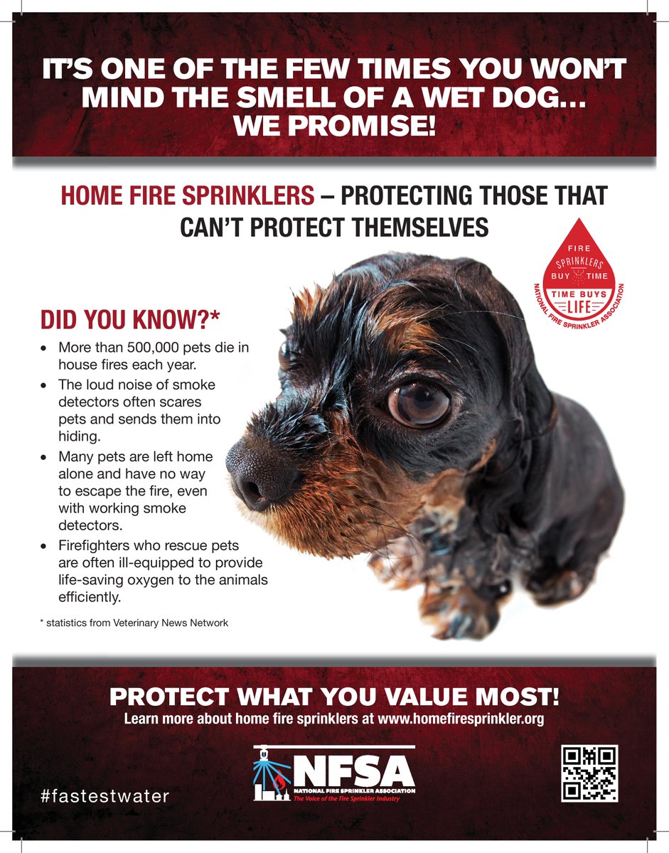 NFSAorg's tweet photo. #FastestwaterFriday Fact: Did you know the sound of a smoke alarm often scares pets into hiding, making it dangerous and difficult to get them out in the event of a fire? Protect your furry family members with #firesprinklers! https://t.co/djiVltVXXy