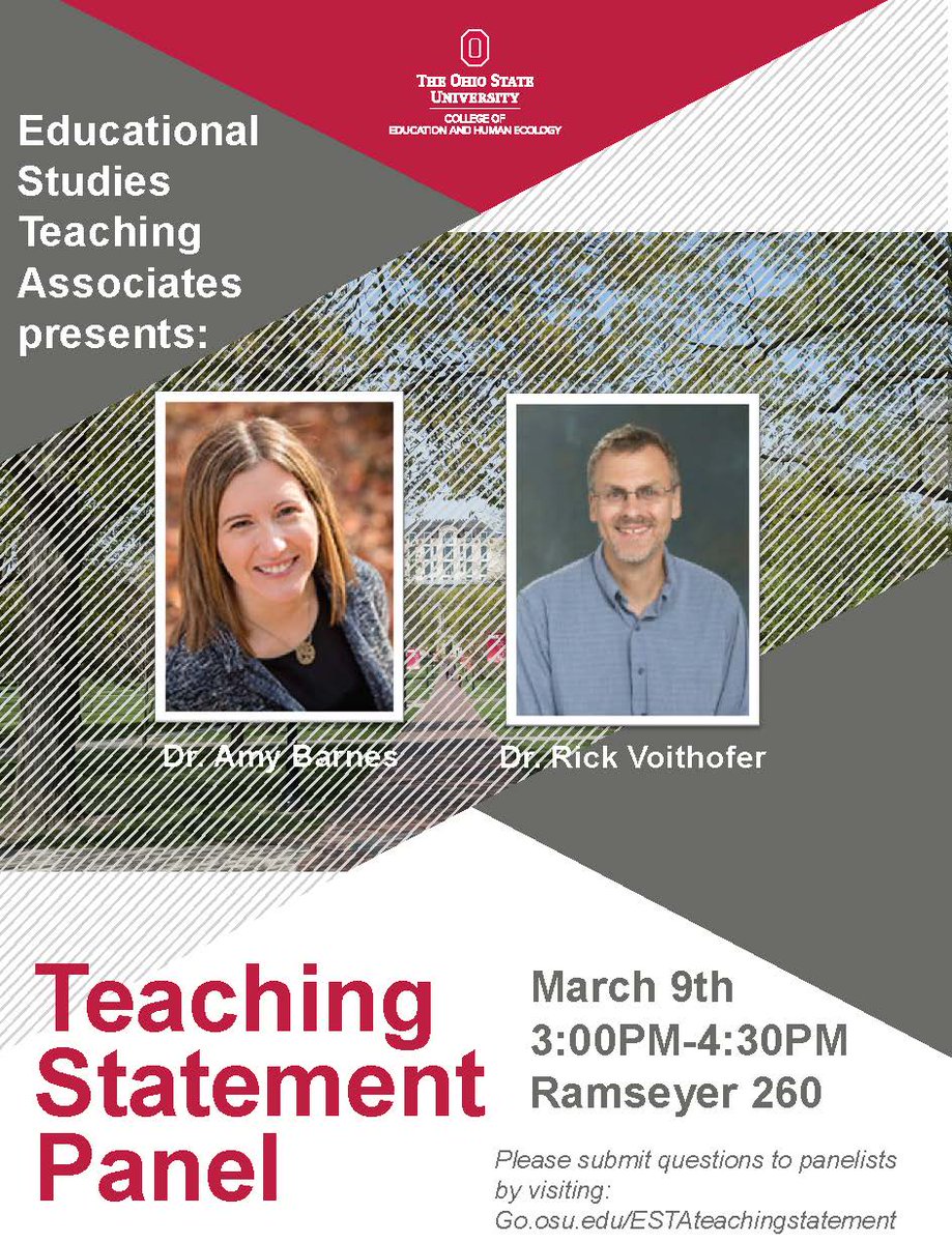 OSUEdStudies's tweet photo. Be sure to check out @amy_barnes and @voithofer at the ESTA Teaching Statement panel TODAY in Ramseyer 260 from 3-4:30pm. @osuehe #esta #eheproud #edsudies #education #ohiostate https://t.co/u6cWxTgJTP