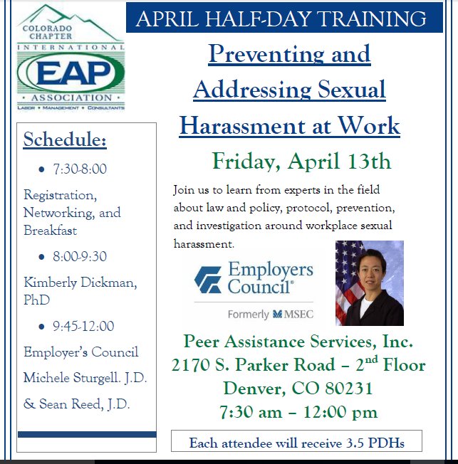 ColoradoEAPA's tweet photo. Registration Open- “Preventing and Addressing Sexual Harassment at Work” https://t.co/vZhgM0u7rQ https://t.co/afUHoGHTds