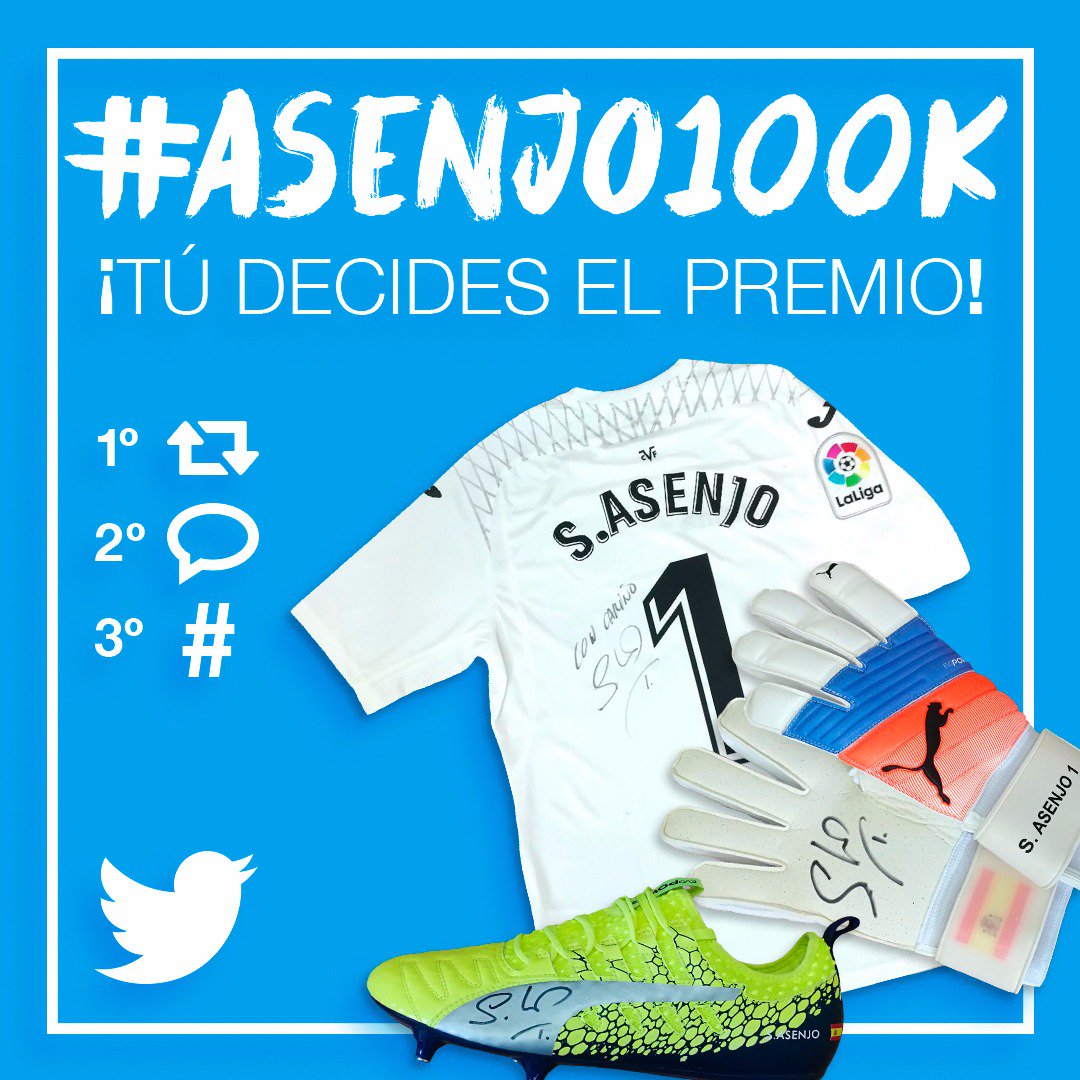 Ya somos 100K en Twitter! MUCHAS GRACIAS! 😀 Para agradeceros el cariño que me dais, he preparado un sorteo... Y esta vez, tú decides el premio! 
1⃣ Haz RT
2⃣ Responde diciéndome qué premio quieres (🧤, 👕 o 👟)
3⃣ Utiliza el HT #Asenjo100K
El viernes anunciaré el ganador! 😎