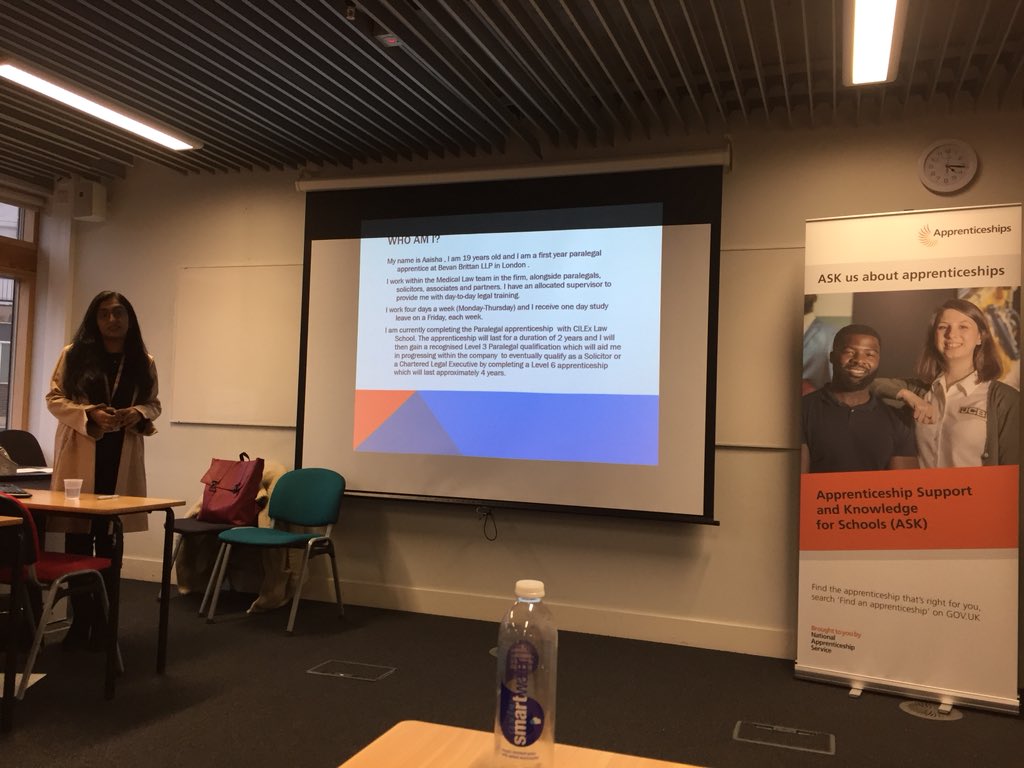 CharLightman's tweet photo. Finished off #naw2018 with a teacher CPD event at @LSBU with @AimHigherLSouth Thanks to Aisha from @BevanBrittanLLP for sharing fascinating insights into your journey onto a paralegal apprenticeship! #10ktalks @InspiringTF https://t.co/MbODidr1kI
