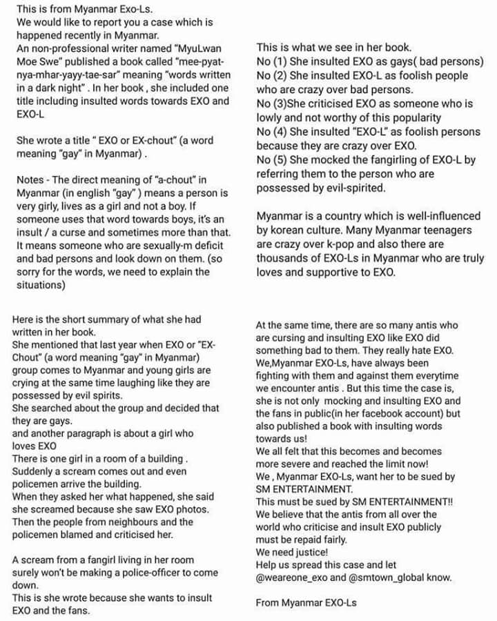 mtt888812's tweet photo. This is about the Myanmar Non-Professional Writer Who Shame EXO & EXOL in her book !
We Need Justice ! Please Help SM Notice This !
#Solve_This_problem_SM
#EXOprotection https://t.co/X9Vu59XF9G
