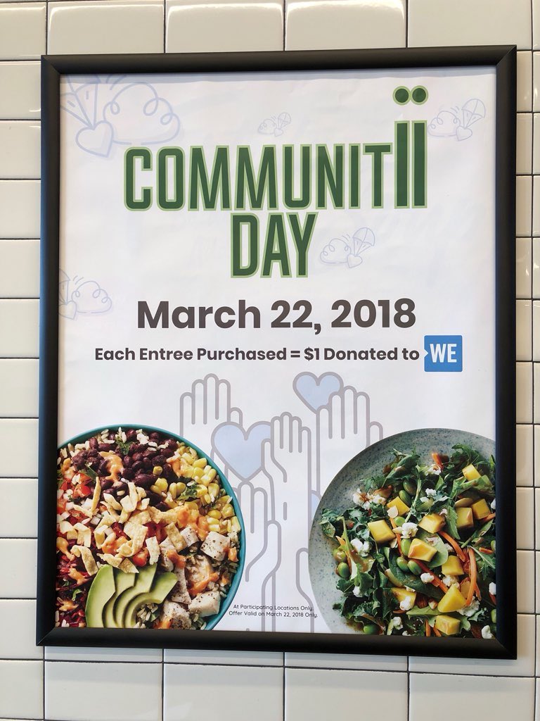 FreshiiAjax's tweet photo. Mark your calendars! On March 22, $1 from every entrée purchased will be dontated to @WEMovement!! https://t.co/QMWA7bobJD
