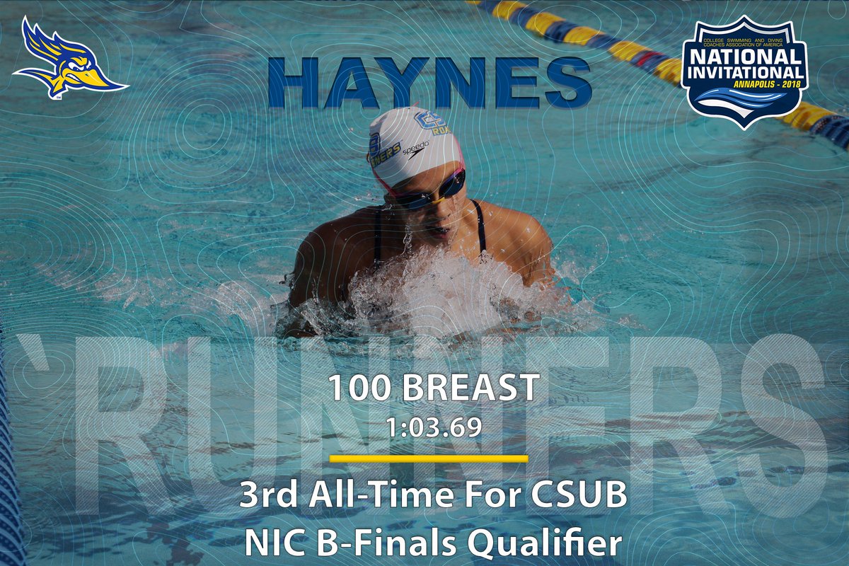 CSUBAthletics's tweet photo. #CSUBswim: Sophomore Jayssie Haynes is now third all-time for the `Runners in the 100 breast! She'll be in the B-finals at the NIC tonight. #allrunners #WACsd https://t.co/yN2bZJV0mM