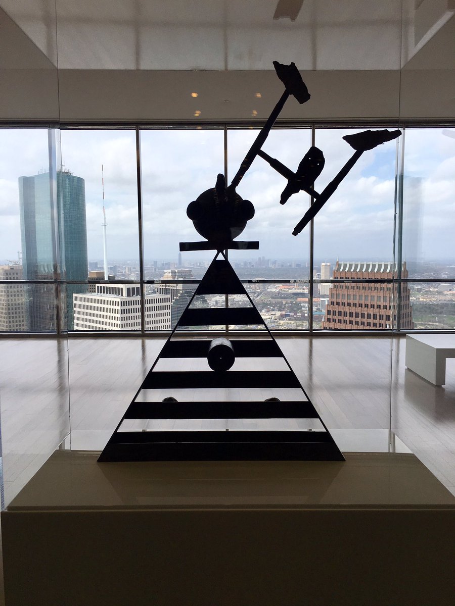 Hines's tweet photo. Art with a view. This Joan Miro sculpture adorns the Sky Lobby of JPMorgan Chase Tower in Downtown Houston. The building also features a larger, colorful Miro piece on the pedestrian plaza at the building’s entrance. #ViewfromHines #Hines #JPMorgan #ChaseTower #Houston #publicart https://t.co/h1eXhuUNfb