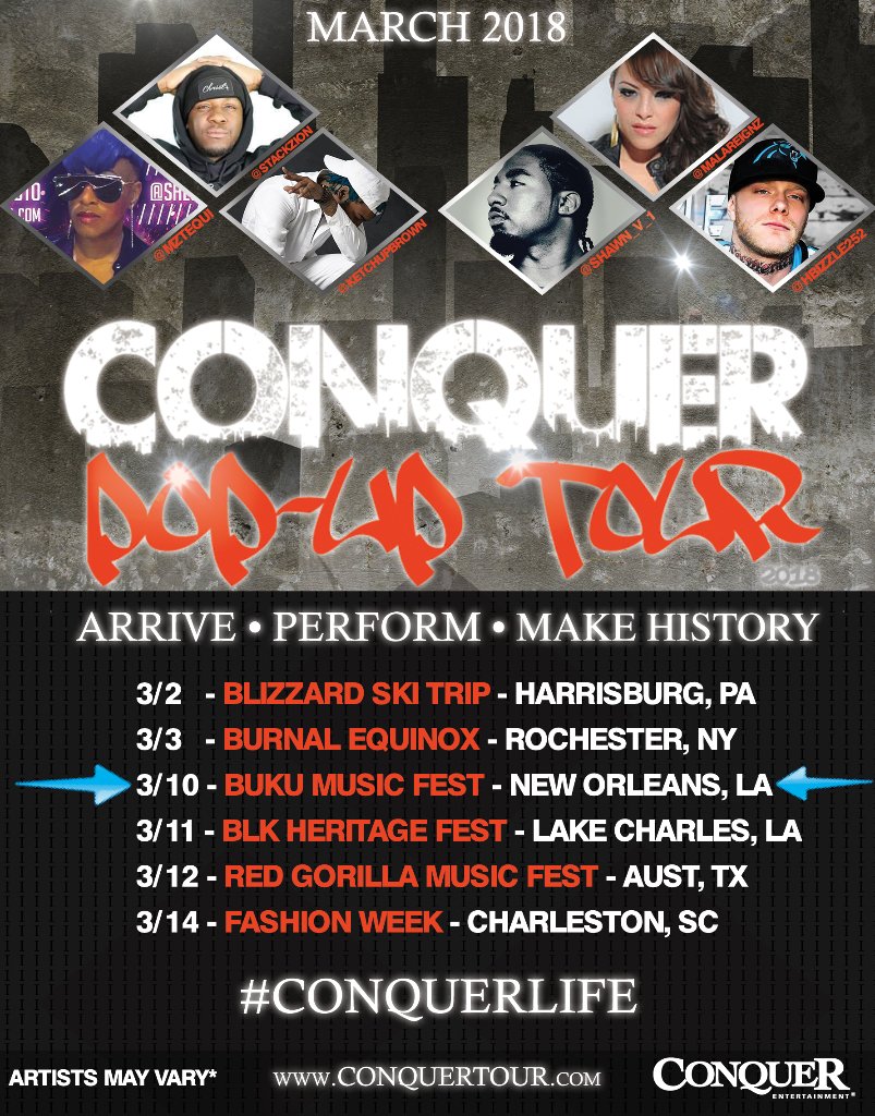 ConquerEnt's tweet photo. The #PopUpTour is back and kicking off tomorrow in #NewOrleans! 

We'll be on site at 1AM outside the #BukuMusicFest bringing our sound to the streets of #NOLA

#ConquerTour2018
#GetConquer
#ConquerLife https://t.co/koomSvLcAx