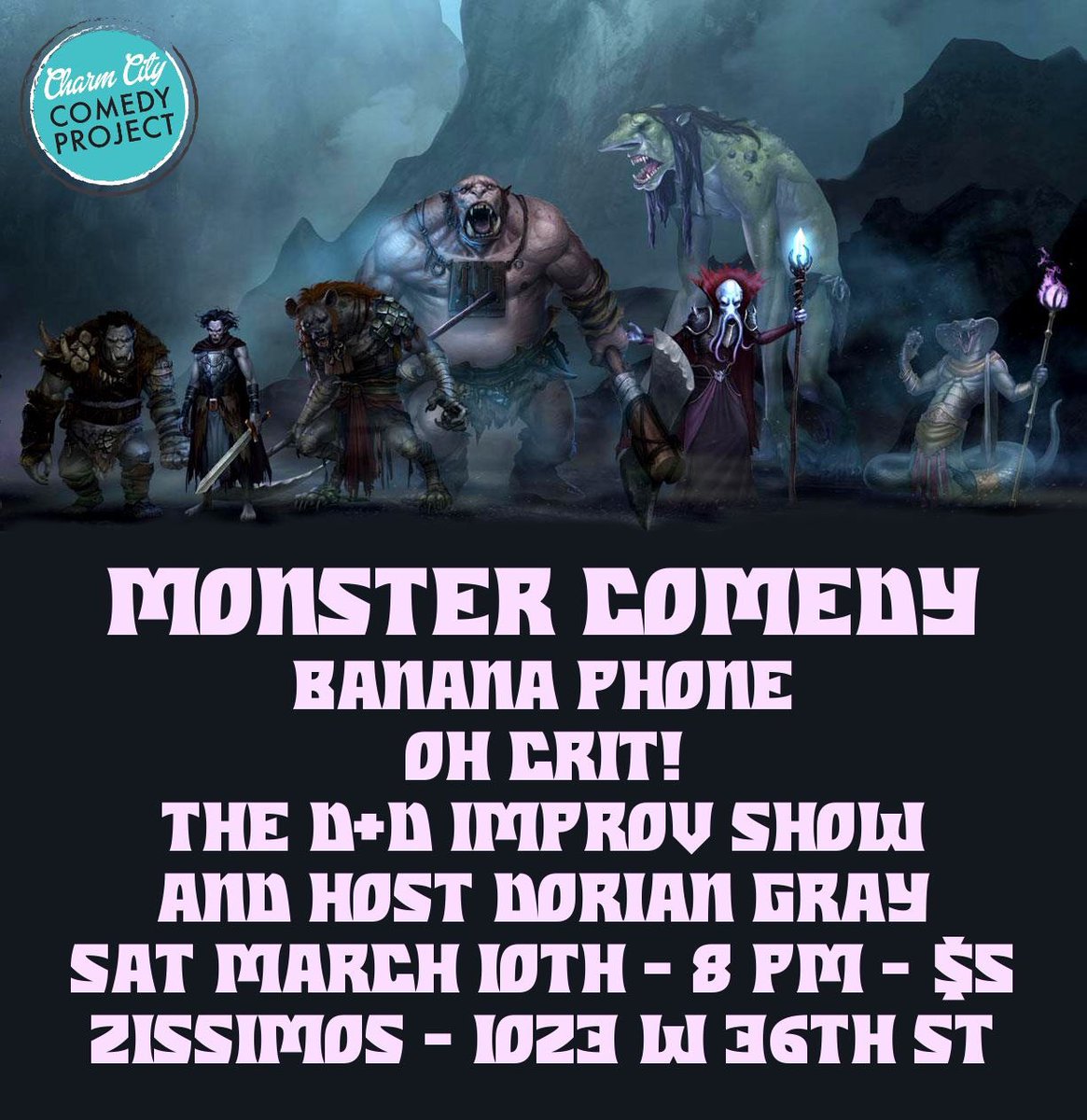 charmcitycomedy's tweet photo. Tomorrow night at 8! This night is sure to be an epic and fantastical journey! Don’t miss this very special show at Zissimo’s! $5 https://t.co/WY5iq71mFy