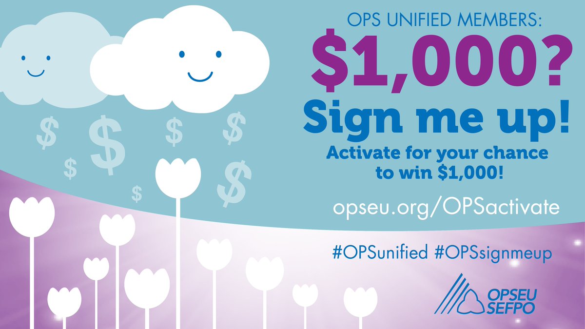 OPSEU's tweet image. OPS Unified members: Want to win one of seven $1000 prizes? Sign up now by visiting opseu.org/OPSactivate! When you sign up for your chance to win, you make OPS Unified bigger, better and stronger. Now that’s a win/win.
#OPSactivate #OPSunified #OPSsignmeup #opseu