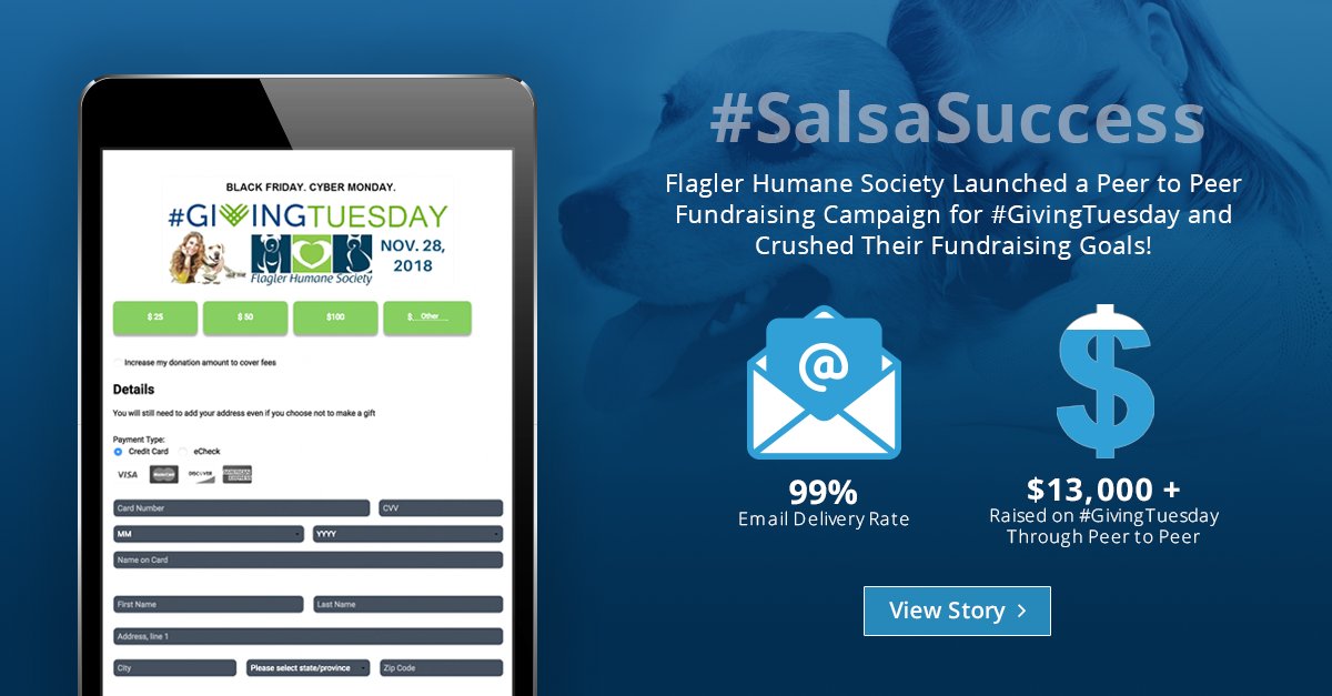 salsalabs's tweet photo. On #GivingTuesday 2017, @FlaglerHumane was able to crush their previous years combined total by an outstanding 73%! Learn how using Engage Peer to Peer Fundraising led them to #SalsaSuccess here: https://t.co/kAb1rtdhlg https://t.co/SCTpy95c8a
