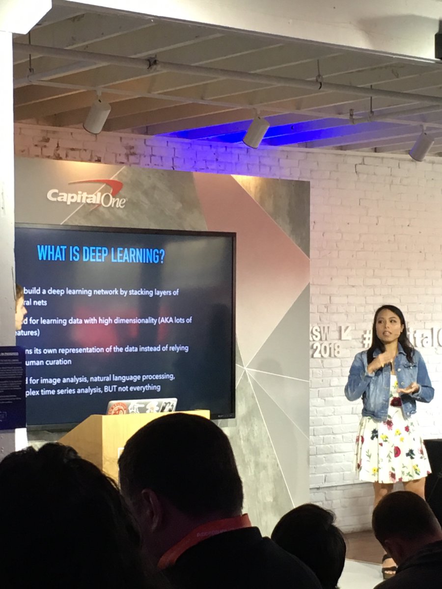 kriscroes's tweet photo. Great talk by @MachineLearnMe @sugargreenbean 'Become a machine learning expert in one hour' @CapitalOne #MachineLearning #deeplearning #bankingusecases #SXSW2018 https://t.co/wPN2xZuCe3