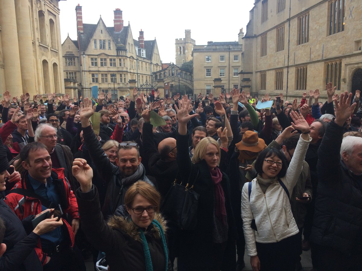 OxfordUCU's tweet photo. #WeAreNotTheOxbridge16. We  are the 443 members of #Oxford's Congregation who voted to stand in #solidarity w/our colleagues across the UK to retain the existing DB element of the USS scheme. For everyone. 
And we'll keep standing up until @UniversitiesUK takes notice. #UCUstrike https://t.co/dAsm8k1YDG