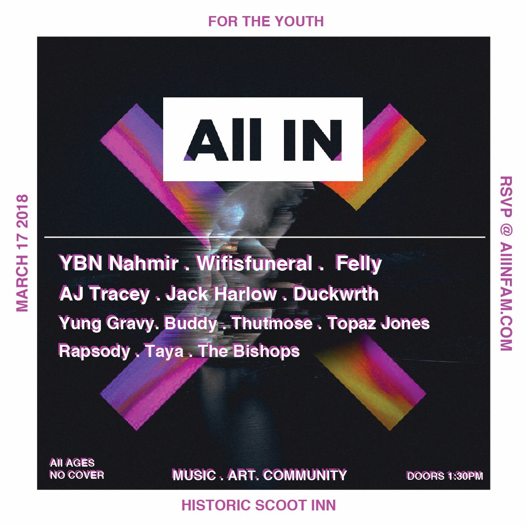 WeAllInFam's tweet photo. We went All IN for y’all this week. 🔥💀🔥 Here’s Saturday’s itinerary w/ major players @ybhnahmir, @wifisfuneral, @felly, @ajtracey, @jackharlow, @duckwrth, @yung_gravy_, #buddy, @badboythut, @topazjones, &amp; more. No badges. No cover. All ages. ✔️: https://t.co/xxJrXXMM3H https://t.co/yGAvAGzS3P