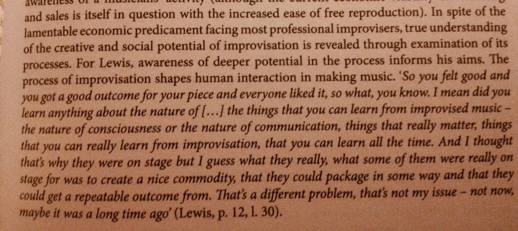 AlisonBlunt's tweet photo. @IntellectBooks Sharing more words of George Lewis from an extensive interview with Simon Rose.
#improvisation #freeimprovisation #improvisedmusic #ProcessandProduct #commodity https://t.co/4Y7Tc5uChc
