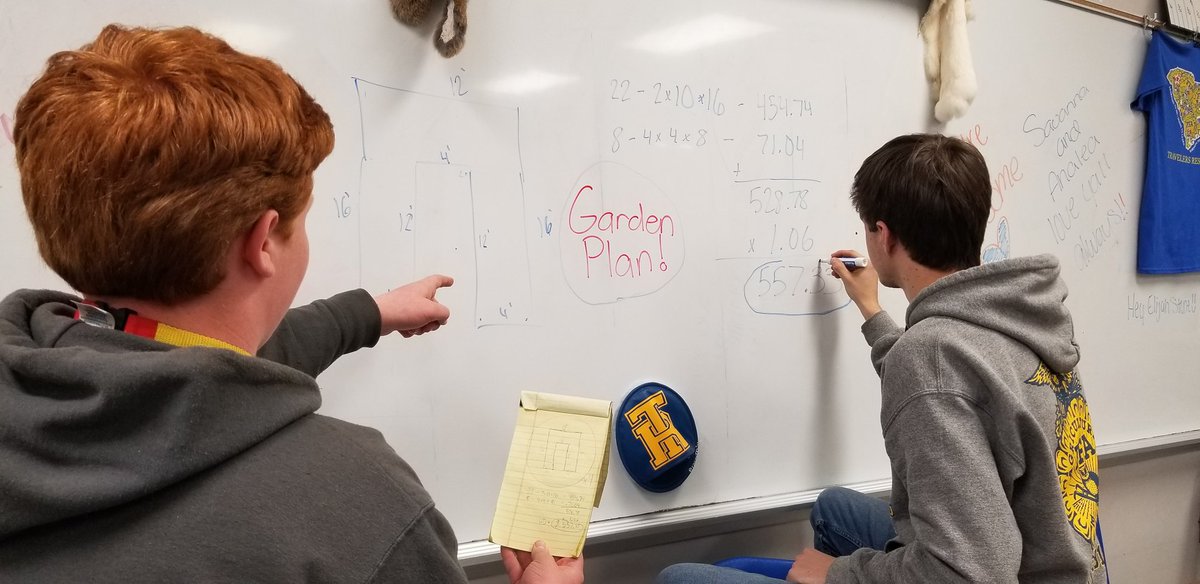 ElizCMiegel's tweet photo. Students are applying math to real life figuring out the cost of wood needed to build new beds in the garden! #TRHSFFA #WeAreTR18 #HandsOn #LearningByDoing https://t.co/gJk46z3bzg