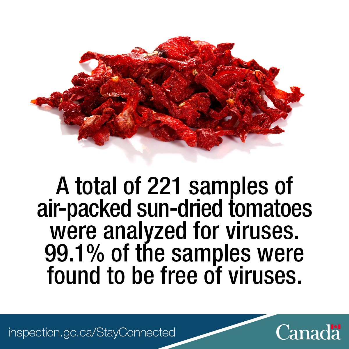 InspectionCan's tweet image. In February&apos;s #CFIABulletin, we tested for viruses in sun-dried tomatoes. #OpenGovCan ow.ly/jbRF30iDX78