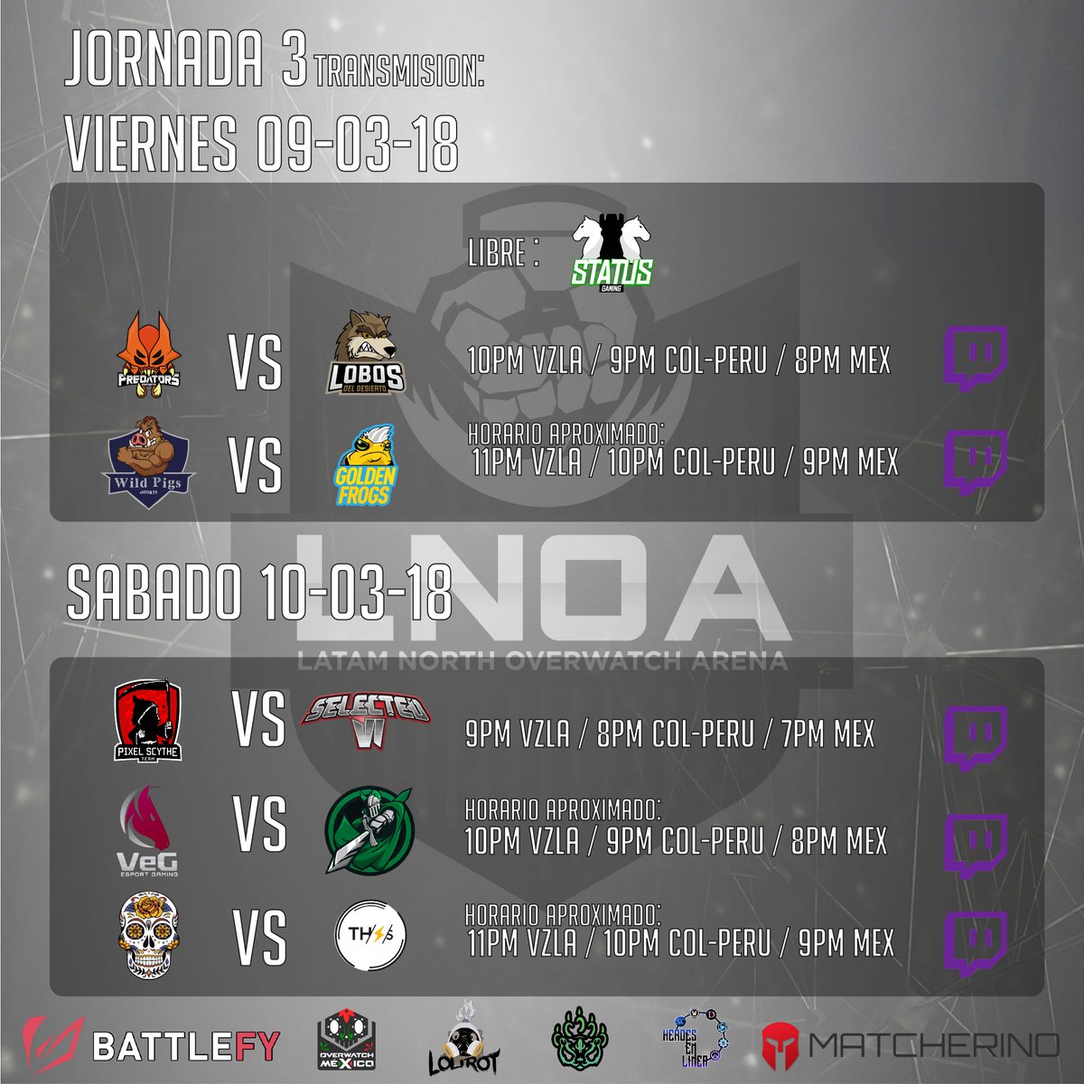 LGAplay's tweet photo. ¡Players!

Llego la Jornada 3 de la #LatamNOA Season 1 !

Viernes:

@PredatorsEsport 🇲🇽️ vs 🇲🇽️ #LobosDelDesiertoEsports

@WildPigseSports 🇲🇽️ vs 🇵🇦️ #GoldenFrogs

Host: @zabusa0420 https://t.co/6N7TGrMfBT 

¡Te esperamos! https://t.co/wkBR7oPXkb