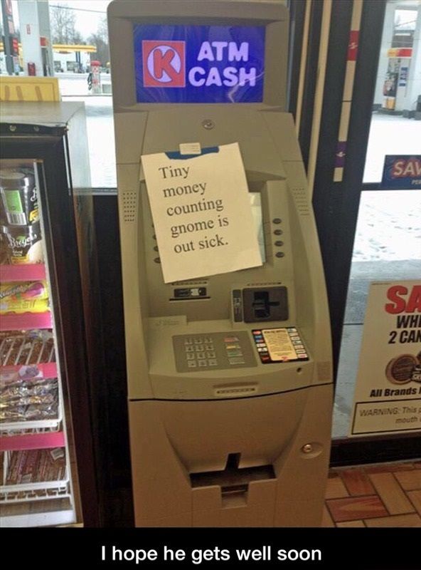 ATMDepot's tweet photo. #FunFriday #ATMHumor ๐ Make sure your tiny #ATM gnome is ready for the weekend. Remember, having a working ATM in your store can INCREASE SALES by an average of 20%.
#ATMFacts #ATMIndustry #CashIsKing๐ https://t.co/mYr3ttouVm