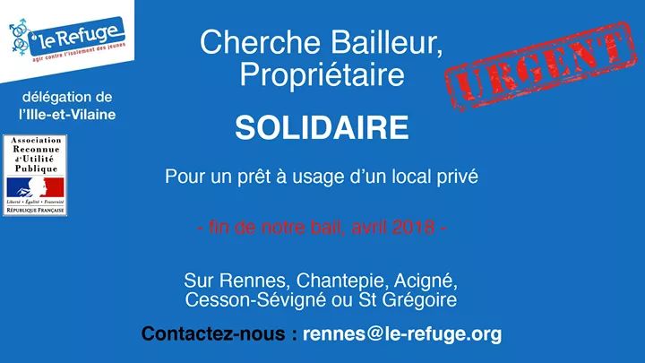 LeRefuge35's tweet image. Appel à solidarité 
Nous recherchons un local/appartement pour accueillir nos reunions et permances.
Rt à volonté 😉
#lerefuge #solidarité #local #lgbt #rennes #illeetvilaine #urgent #rt #association #mecenat