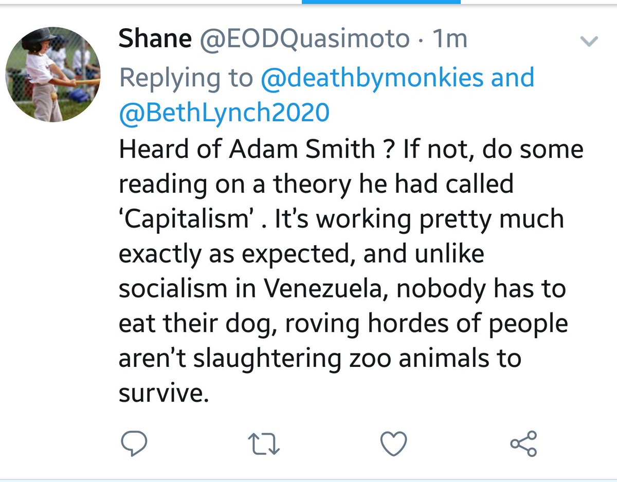 deathbymonkies's tweet photo. To the younger trolls, THIS is the kind of stuff I don't bother with bc it's not worth the time.

Another mouthbreather, who can't answer questions asked, but rather spouts rambling accolades for Capitalism, while cherry picking examples of failed "socialism".

#JustBlockEm. https://t.co/gSEAlqztbW