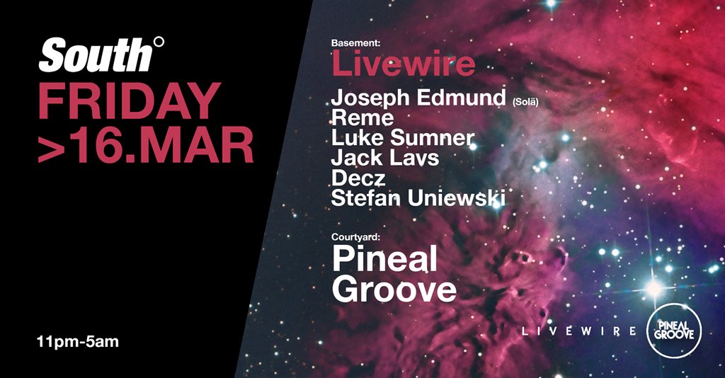 Looking forward to having <a href="/livewire_mcr/">Livewire</a> back at South! 

They’ll be in the Basement while <a href="/pinealgroove/">pinealgroove</a> takeover the Courtyard 🔥🔥🔥

100 Free Tickets - skiddle.com/e/13169537 📲📲
