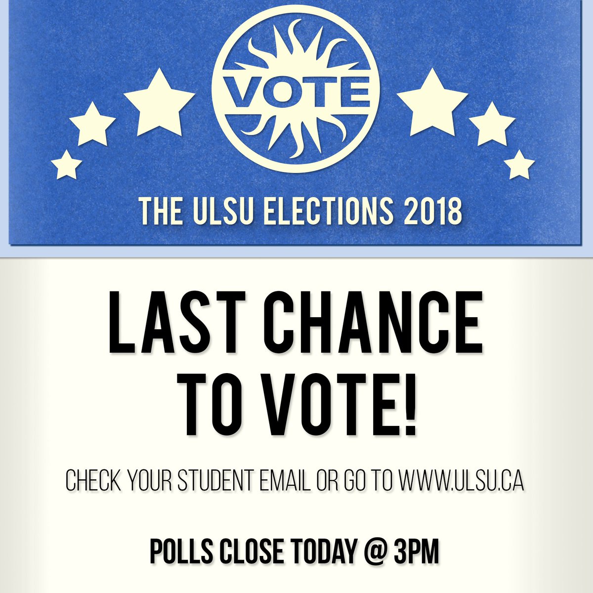 ULethSU's tweet photo. TODAY'S THE LAST DAY TO VOTE!!!
Polls close at 3pm today, get in there folks: https://t.co/JAJHXJ4DrO https://t.co/8aK09iO0sy