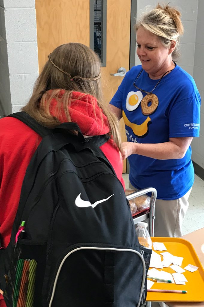 Taylor_Rayfield's tweet photo. Stopped by to join in on @RaiderAcademy’s ‘2nd Breakfast’ option in honor of #NSBW18! Rockstar cafeteria staff ensuring ALL students have access/opportunity to have a nutritious meal. Love it!! @coffeecoschools @carlancotten @GribbleAngela @LDMcfall https://t.co/NoUf9UpJ8i