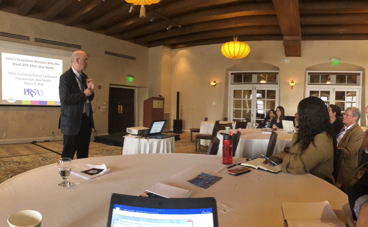 DekeJonesPR's tweet photo. Listening to 17 reasons to become accredited in PR by @PRSA Dr. John Forde, APR. Couple reasons, builds professional credibility and credibility for the profession @PRSASW #prsabluesky #bebetter https://t.co/P3gtbDoCNN