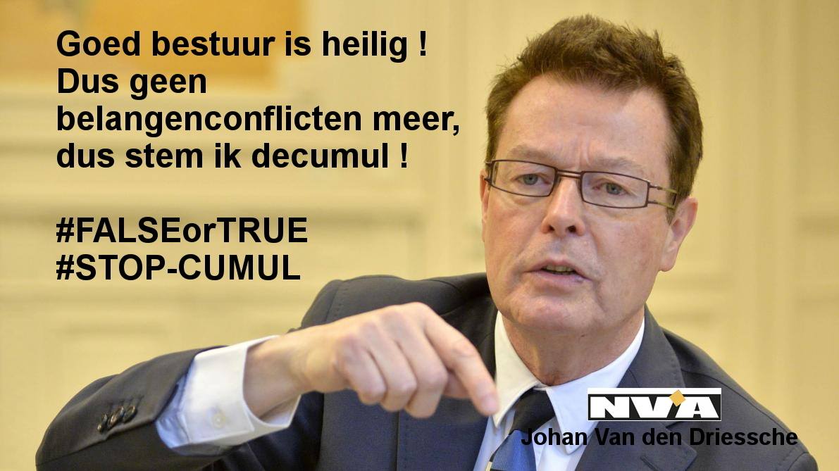 TransparenciaBE's tweet photo. "Good bestuur is heilig! Dus geen belangenconflicten meer. Dus stem ik decumul!" #FALSEorTRUE #STOP_CUMUL @jvddriessche @NVABrussel @nvabrusselstad https://t.co/AVt8UePmkM