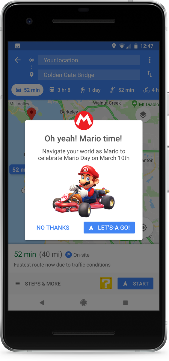MTLGaymers's tweet photo. Afin de célébrer #MAR10 Day, Mario prends le controle de Google Maps afin de vous aider à éviter les pelures de bananes sur votre route!

Vous pouvez être certain que PapaGaymer va s'en servir pour ce rendre à Gaymer Zone demain :-P

https://t.co/6JUtA1BLxY https://t.co/KEh0xnXAtb