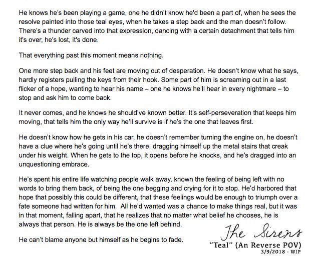 ZoravPOW's tweet photo. Another #WIP #amwriting clip from the AU/#TheSirens spin-off. Something I worked on last night with a streaking bad mood, which isn't too surprising (my mood definitely reflects in how I write). This short story is odd and in present tense, which has been a refreshing challenge. https://t.co/K5I9HgBTEO