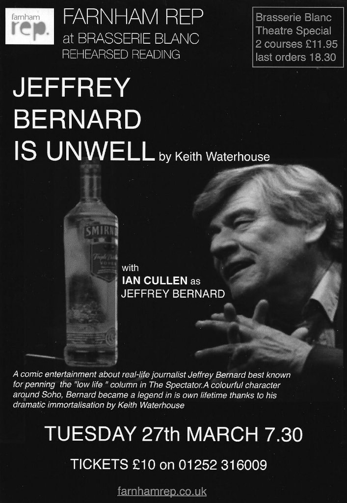 Pleased to be working with Farnham Rep again, "Jeffrey Bernard is Unwell" by Keith Waterhouse on 27th March.