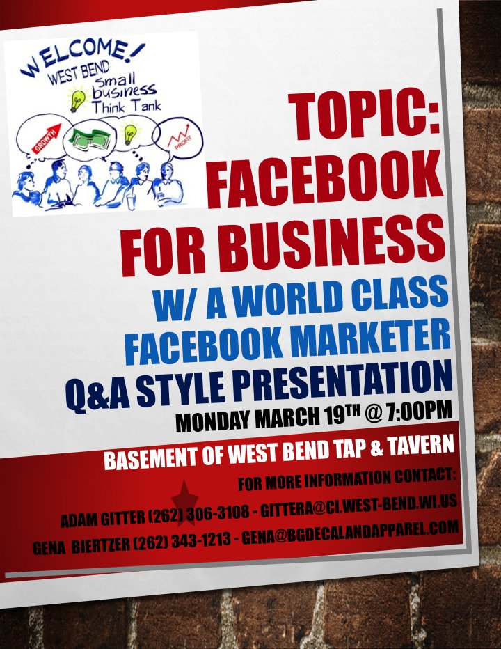 WestBend's tweet photo. Are you a small business owner in the City of West Bend? Consider joining the West Bend Small Business Think Tank for a Q&amp;A style discussion on Facebook marketing! This is followed by a roundtable discussion between small business owners and what you would like to discuss. https://t.co/46ocbOzFf0