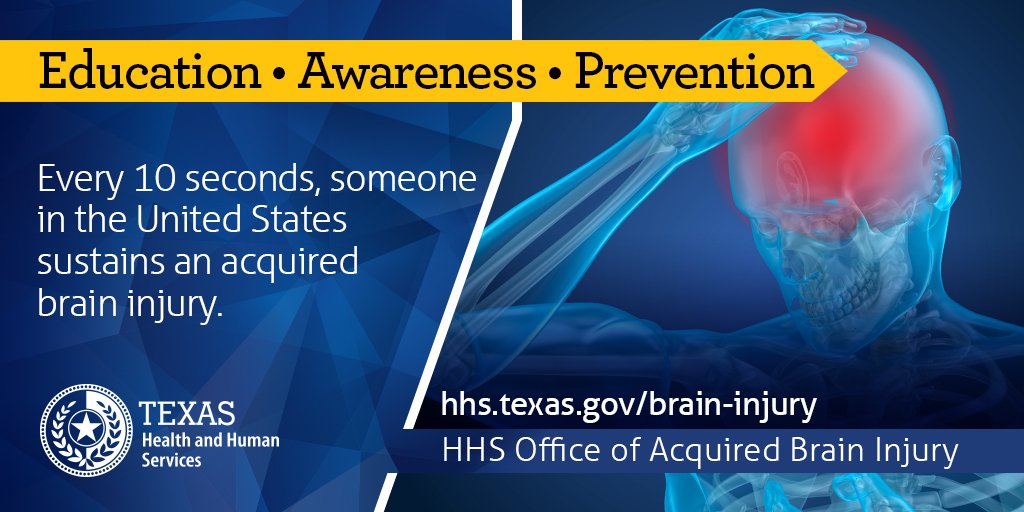 TexasHHSC's tweet photo. What is an acquired brain injury? What are the signs and symptoms? Where can I get help? This #BrainInuryAwarenessMonth, find the answers and raise awareness. https://t.co/IOAvIRPGqK https://t.co/SyJU9PM9Z8