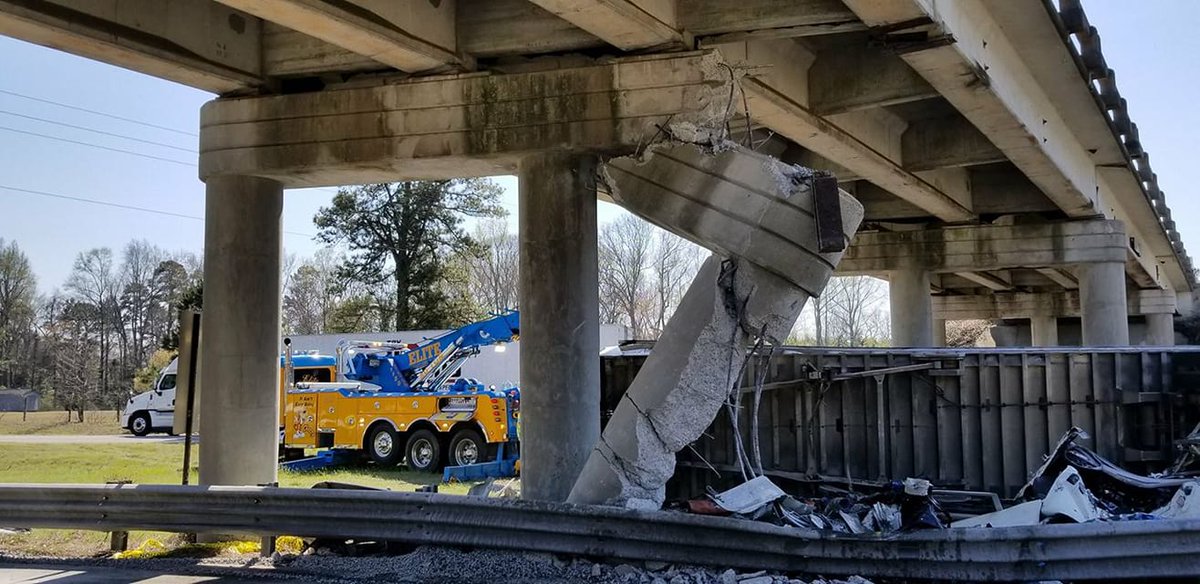 SCDOTPress's tweet photo. Traffic is detoured off I-26 westbound at mile marker 154 (U.S. 301) due to fatal crash which has damaged a bridge over the interstate at mile marker 153. (SCDOT photo) https://t.co/zYJuKHvFiq