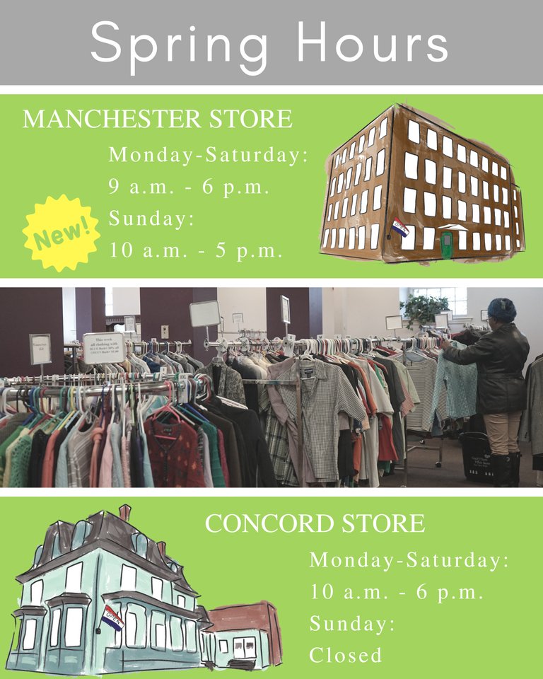 FITNH's tweet photo. You can now shop at our Manchester OutFITters thrift store on Sundays from 10a.m. - 5p.m. That a whole extra day to find Real. Good. Buys. #realgoodbuys. #springhours #sundayshopping #thriftstore #nonprofit https://t.co/nmKdexmHFS