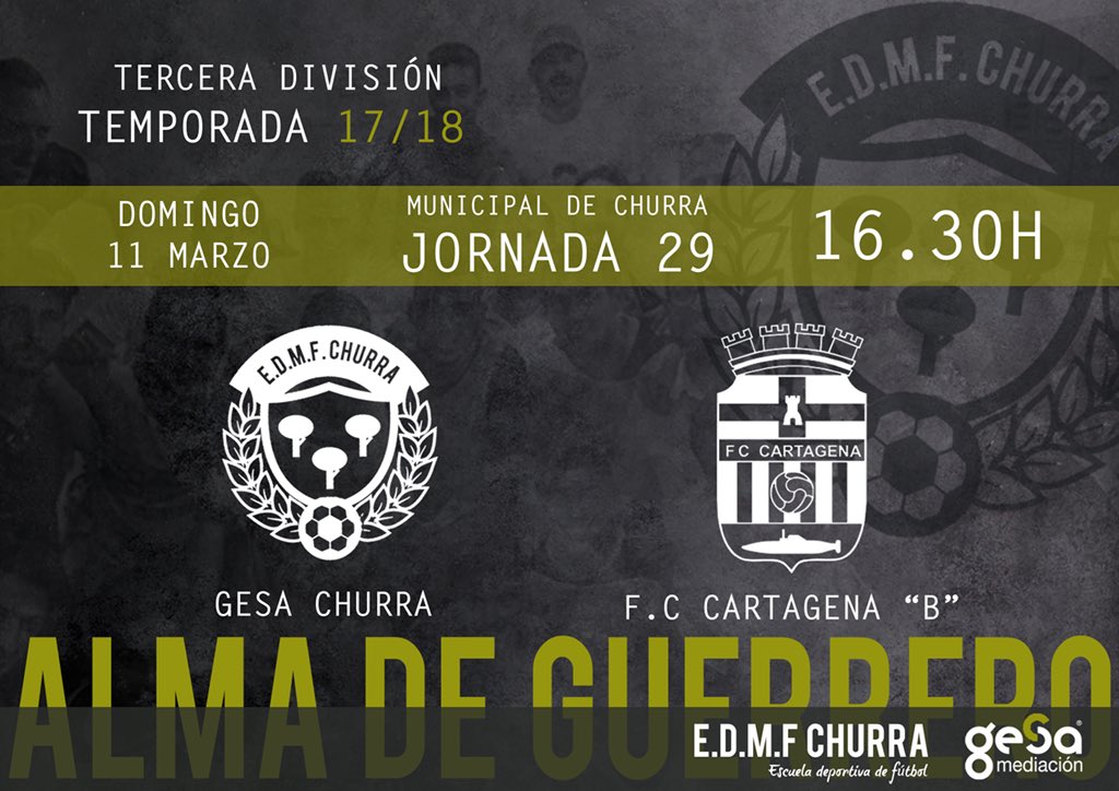 10 partidos ⚽️
10 finales 🏆

Domingo 11 de marzo en el Municipal de Churra. 16.30H, primera de las finales.

<a href="/GesaSeguros/">Gesa Correduría de Seguros y Reaseguros</a> Churra vs <a href="/FCCartagena_efs/">FC Cartagena</a> “B”

#almadeguerrero #juntosporunsueño