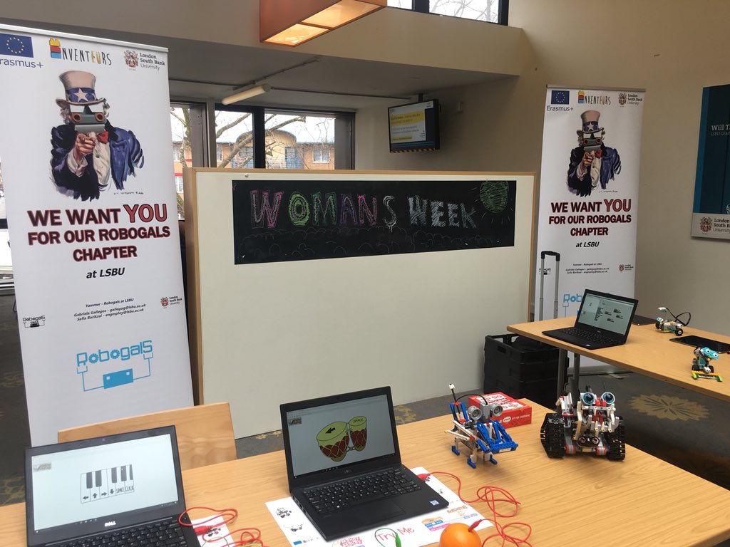 Robogals_LSBU's tweet photo. Celebrating #IWD2018 @LSBU during #LSBUWomensWeek - we raised money for the Period Poverty campaign #PressforProgress #WomenInTech @RobogalsEMEA https://t.co/dP1TMWsICj