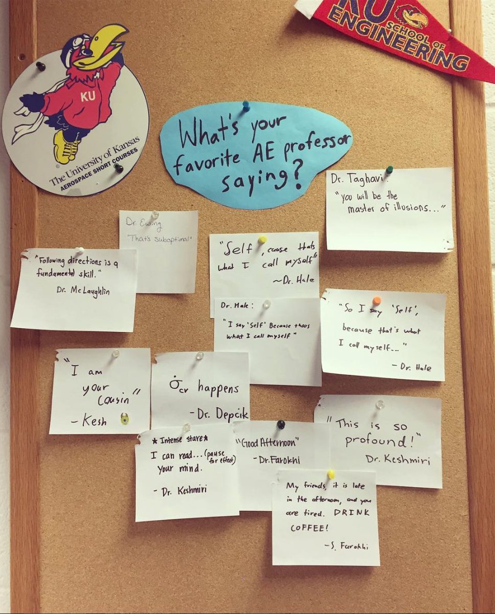 KUAerospace's tweet photo. Professors have a way with words. Many are known for their unique and memorable phrases, and aerospace engineers are no exception. ๐ฉโ๐ซ ๐จโ๐ซ
Whatโs your favorite catchphrase or professorism from a current or former KUAE faculty member? #StuffProfessorsSay #KUAE https://t.co/r9Ko8CJeLX