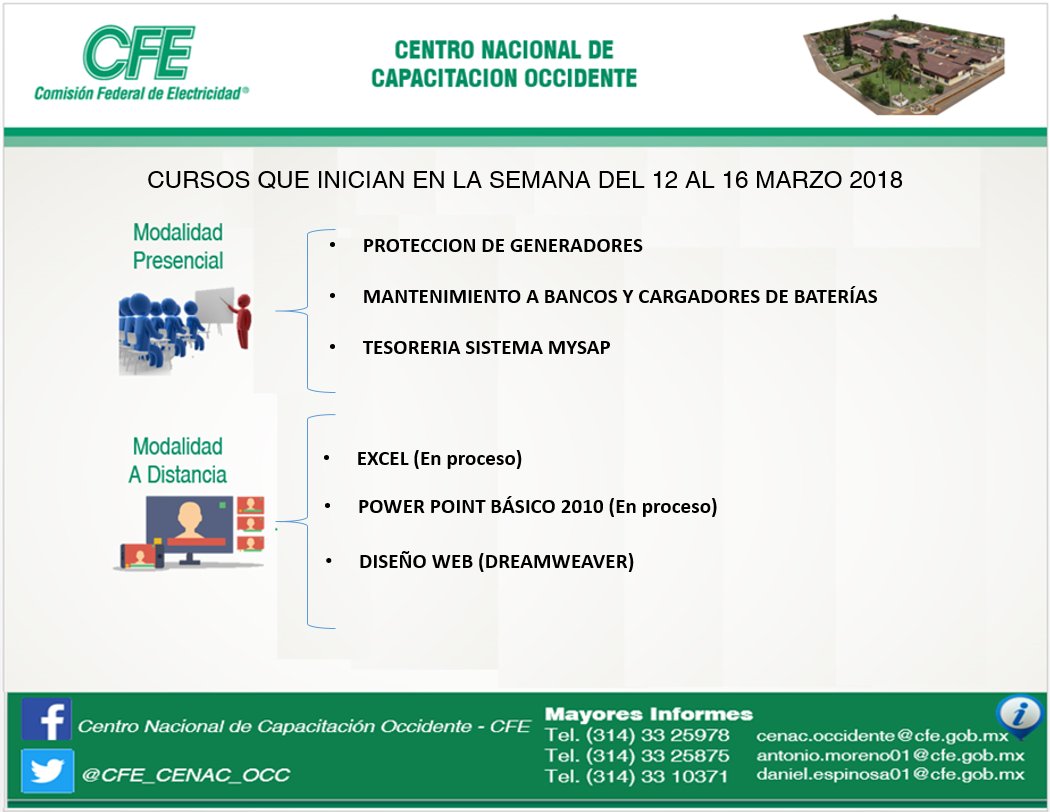 CFE_CENAC_OCC's tweet photo. Cursos de la próxima semana 12 al 16 de marzo, mas información al tel. 314 33 25978, @CFE_CENAC_OCC https://t.co/TNN8PE6EZO