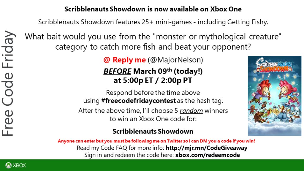 majornelson's tweet photo. #freecodefridaycontest time. Read this and you could win a code for Scribblenauts Showdown on Xbox One. Good luck. https://t.co/rIniLbT8VJ