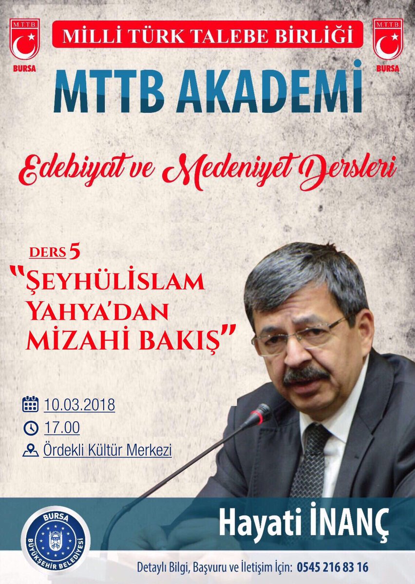 Bu dersler kaçmaz Bursa'm. Sözün üstadı 10 Mart Cumartesi Ördekli Kültür Merkezinde.