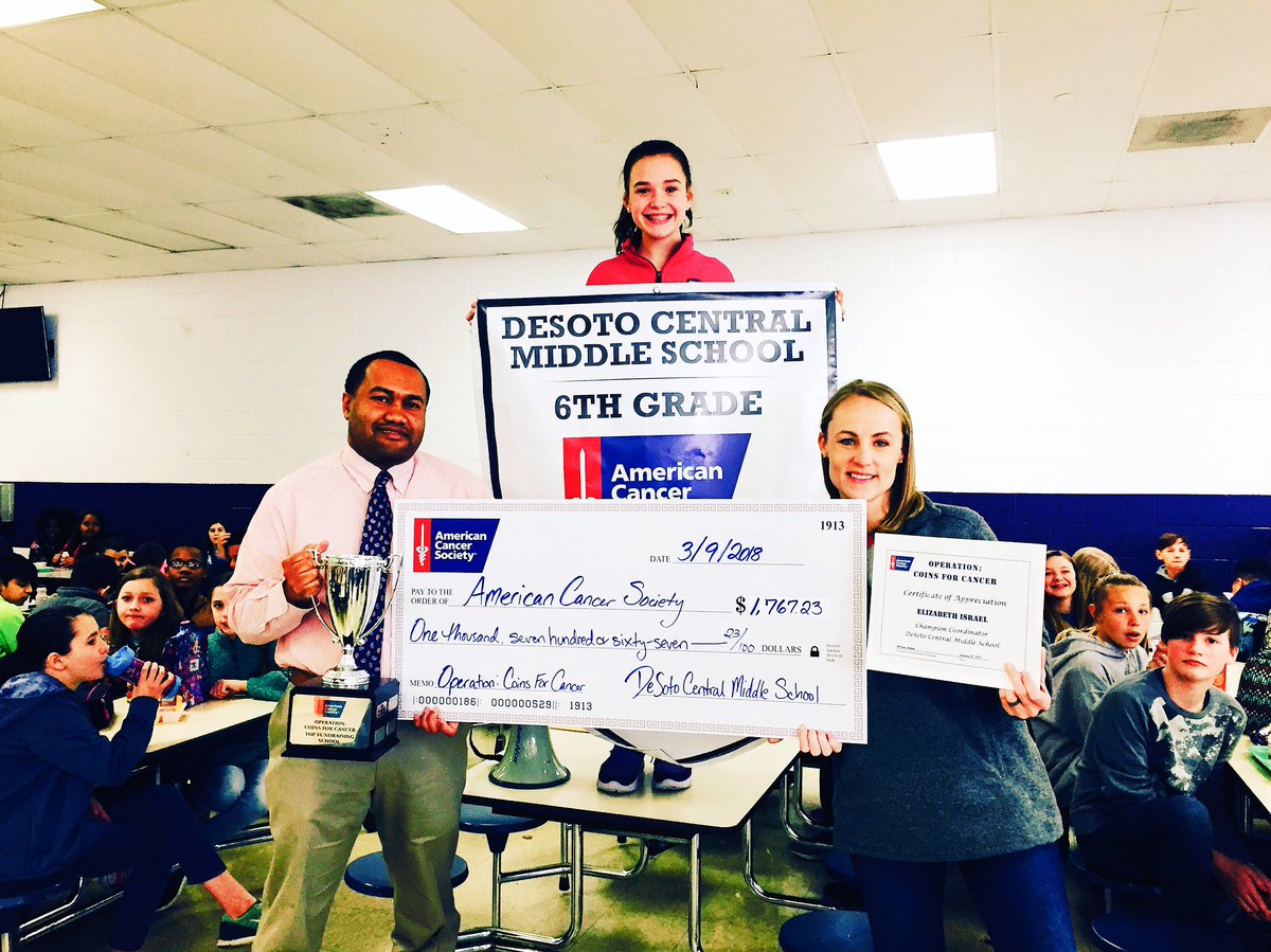 ACSDeSotoCounty's tweet photo. Thank you to @TweetDCS_DCMS for raising $1,767.23 for our life-saving mission!  Congrats to their 6th grade class for raising the most in the school. A special thank you to Principal Bryon Williams &amp; 7th grade teacher, Elizabeth Israel for their support &amp; efforts! 🎗🏆💜 https://t.co/1uBMowhbcT
