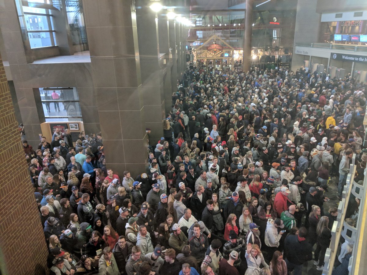 mikew1011's tweet photo. Stay home and watch the game on @prep45sports and you can skip lines like this. Also, listening to Lou Nanne talk hockey is a pretty good reason too. #tourneyson45tv #TourneyTime https://t.co/H5jUZScIP9