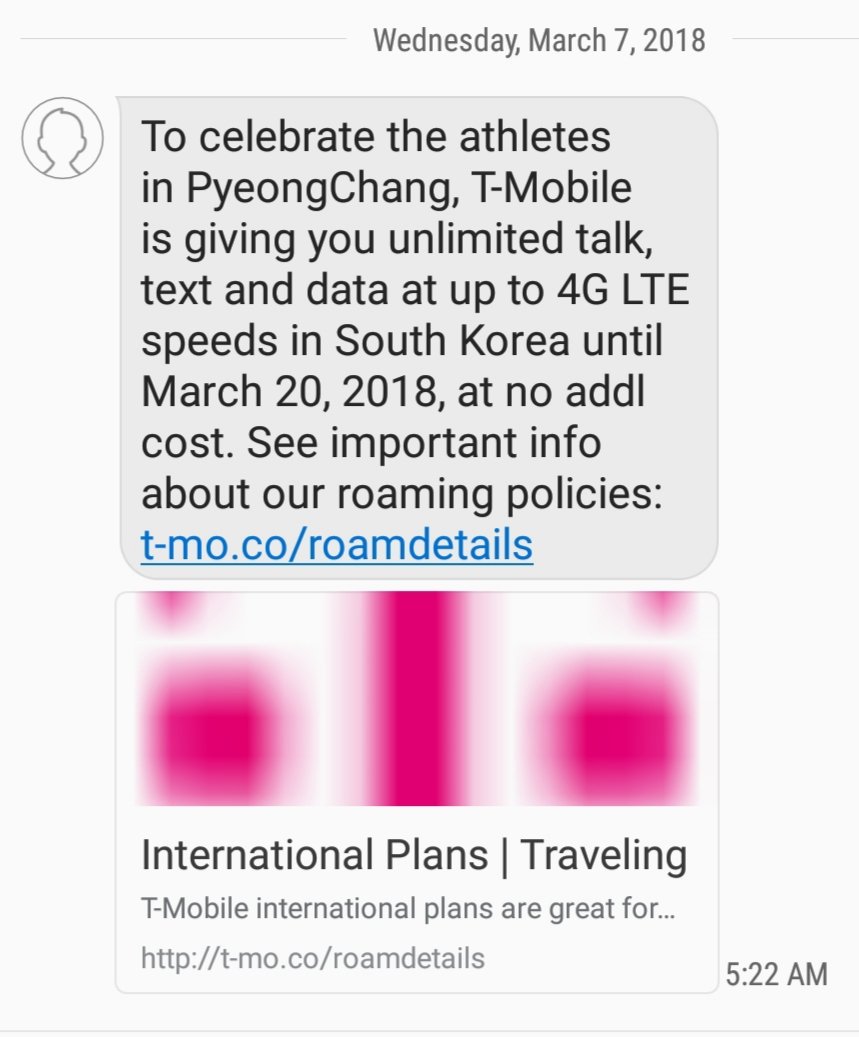 anandinani's tweet photo. Kudos to @TMobile and @JohnLegere! Instead of taking advantage of the event to fleece customers, pleasantly surprised to see the message below on arrival in S. Korea earlier this week. Thanks T-Mo! 👏🏽🙏🏽👍🏽 https://t.co/PpnLXUuwf5