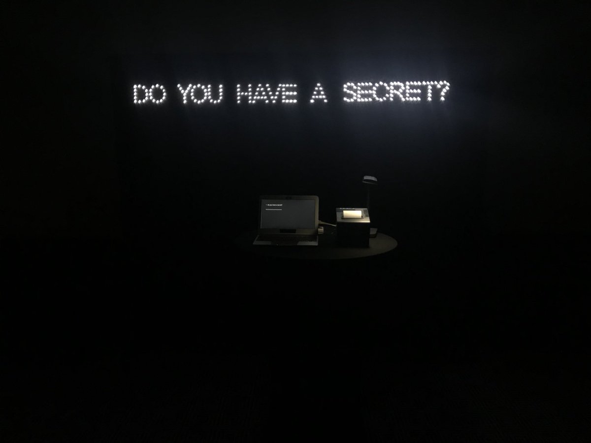 SarahWNewman's tweet photo. Are secrets uniquely human? The #futureofsecrets installation @sxsw is officially open! Come check it out live or participate remotely from anywhere in world https://t.co/dZ78eBMbDO #artatsxsw #AI #AIart #SXSW2018 https://t.co/DyuNbMiFxK