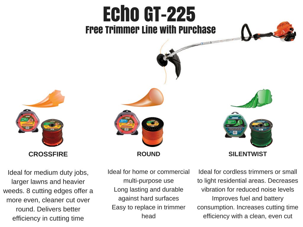 mowpart's tweet image. FREE trimmer line with purchase of an Echo GT-225 trimmer! Add on your prefered style of trimmer line for FREE online! Choose from Crossfire, Round or Silentwist in .095 gauge. htl.li/U9xd30iRp2B