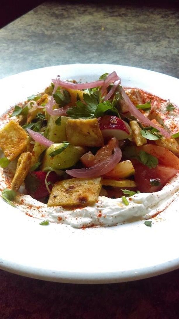 Come by and try our Fottoush Salad! Cucumbers, Tomato, Arugula, over our labneh cheese  and sprinkled with pita chips. On lunch special today, try it before it's an official menu item! 
#pdxeats #pdxbar #salads #ilovelamp
