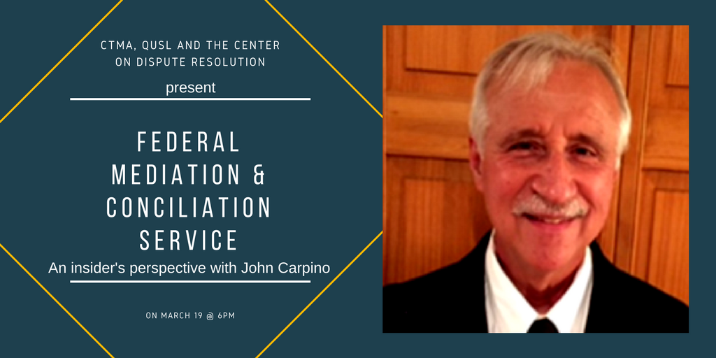 CT_Mediation's tweet photo. Join us, #QuinniLaw and the #QU_Center_on_Dispute_Resolution for pizza and an amazing talk on the Federal Mediation &amp; Conciliation Service with John Carpino! RSVP with Donna.Lougal@QU.edu
To find out more: https://t.co/y7OLeuYWxR https://t.co/bahX9rUU5W