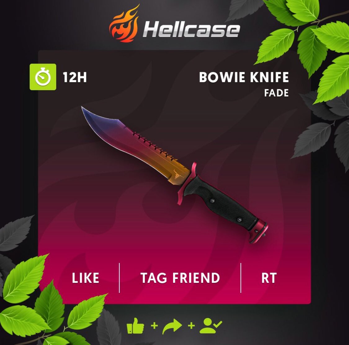HellCaseHelp's tweet image. 🌥️ ★ Bowie Knife | Fade Giveaway:
⛅️ CLICK (link: goo.gl/r8YLXK)  
🌤️ Like + RT + Follow @hellcasecom
☀️ Tag your friend

🏆A winner in 12 hours!

#csgo #csgoskins #csgocases
