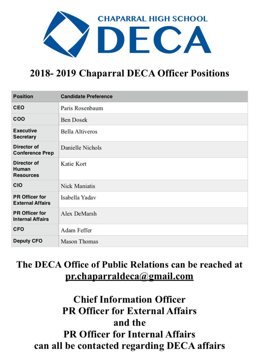 chap_deca's tweet image. Congratulations to our 2018- 2019 Chaparral DECA officers! We are more than confident that you will all be able to carry the torch! Thank you to everyone who ran for a position.